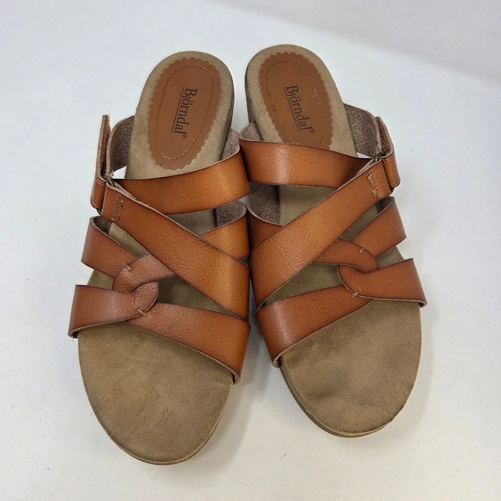 Bjorndal Womens Tan Cognac Strappy Cork Wedge Sandals Hook Loop Closure Size 10